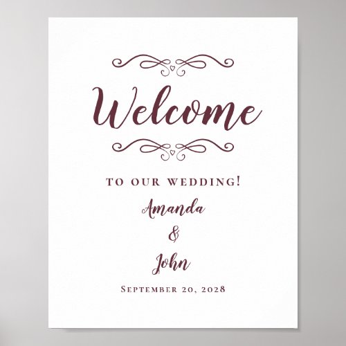 Welcome Wedding Elegant Chic Calligraphy Burgandy Poster