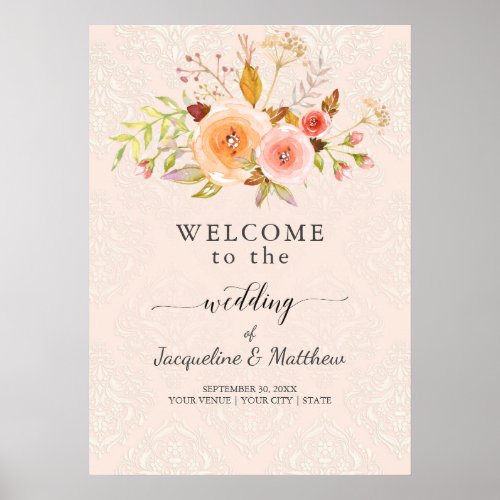 Welcome Wedding Floral Damask Watercolor Poster