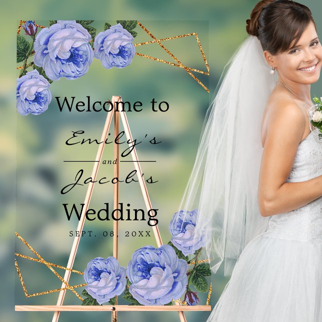 Welcome Wedding Gold Glitter Geo Blue Floral Acrylic Sign (Welcome Wedding Gold Glitter Geo Blue Floral Acrylic Sign)