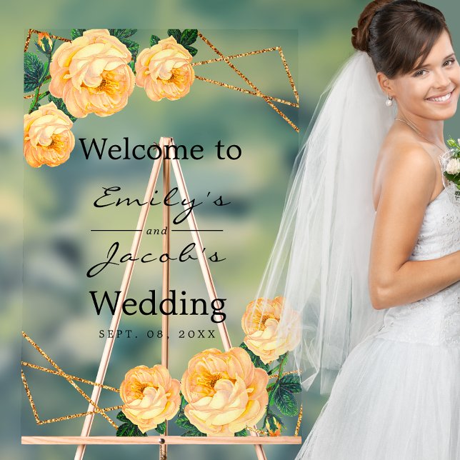 Welcome Wedding Gold Glitter Geo Orange Floral Acrylic Sign (Welcome Wedding Gold Glitter Geo Orange Floral Acrylic Sign)