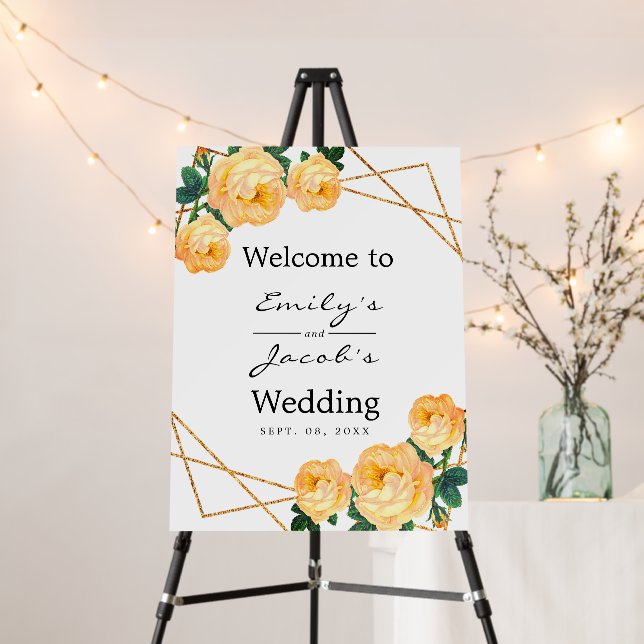 Welcome Wedding Gold Glitter Geo Orange Floral Foam Board (In Situ (Stand))