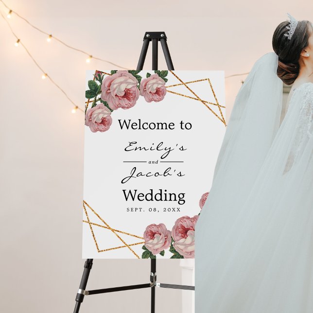 Welcome Wedding Gold Glitter Geo Pink Floral Foam Board (Welcome Wedding Gold Glitter Geo Pink Floral Foam Board)