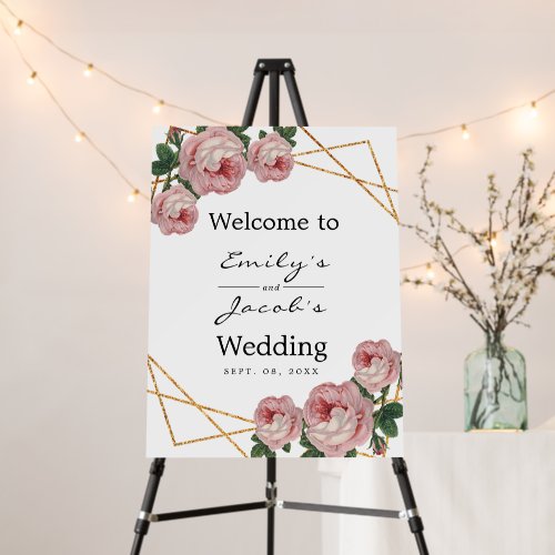 Welcome Wedding Gold Glitter Geo Pink Floral Foam Board