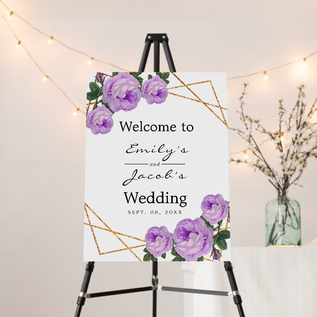 Welcome Wedding Gold Glitter Geo Purple Floral Foam Board (In Situ (Stand))