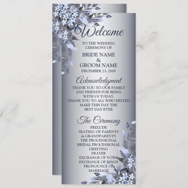 Welcome Wedding Navy Blue Floral Silver Elegant Program (Front/Back)