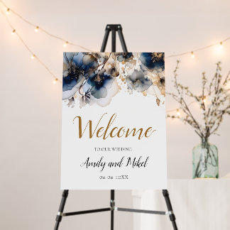 Welcome Wedding Navy Blue Gold Floral Posters