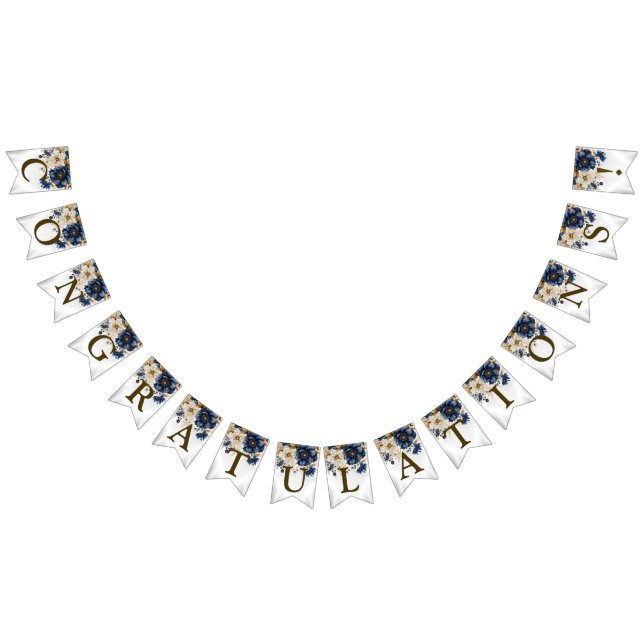Welcome Wedding Navy Blue White Golden Floral Bunting Flags (All)
