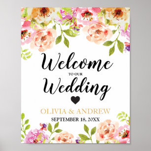 Welcome Wedding Orange Pink Watercolor Floral Poster