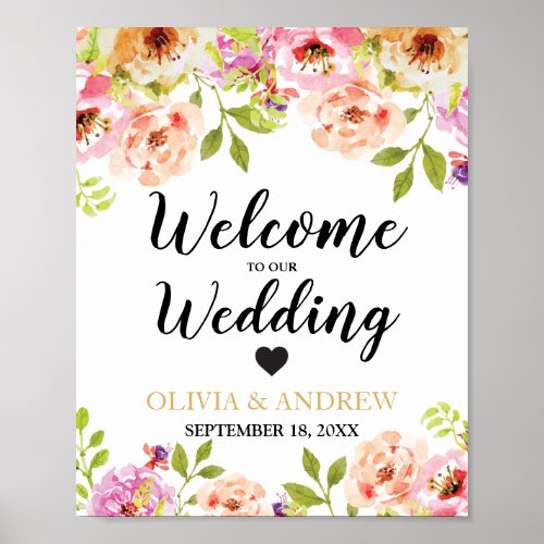 Welcome Wedding Orange Pink Watercolor Floral  Poster