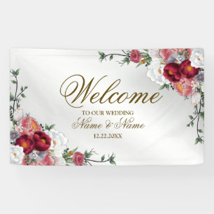 Welcome Wedding Party Colorful Red Floral Silver Banner