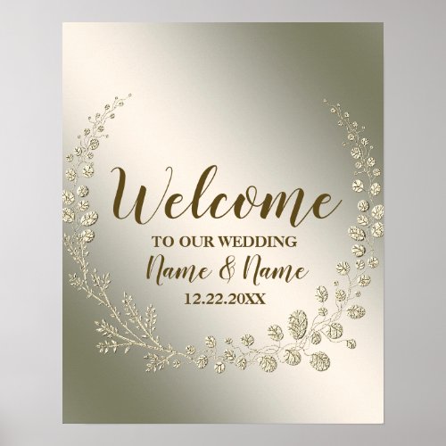Welcome Wedding PartyGolden Floral Leaves Wreath Poster