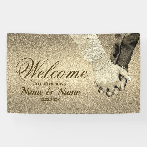 Welcome Wedding Party Golden Glitter Bride Groom Banner