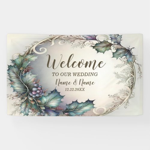 Welcome Wedding Party Green Purple Leaves Golden Banner