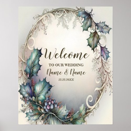 Welcome Wedding Party Green Purple Leaves Rustic Poster