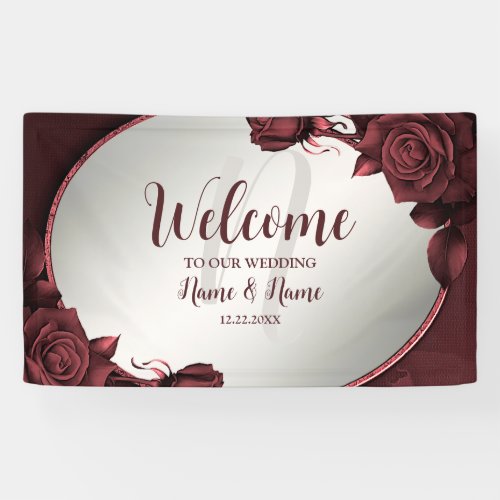 Welcome Wedding Party Monogram Red Pink Flowers Banner