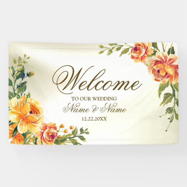 Welcome Wedding Party Orange Yellow Red Floral Banner (Horizontal)