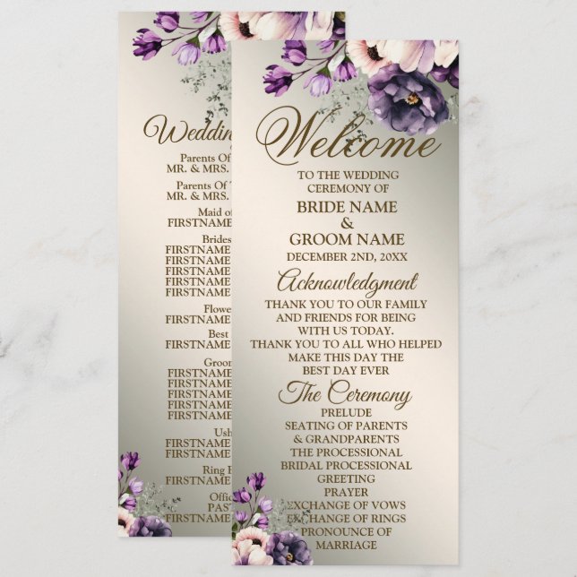 Welcome Wedding Party Purple Pink Flowers Golden Program (Front/Back)