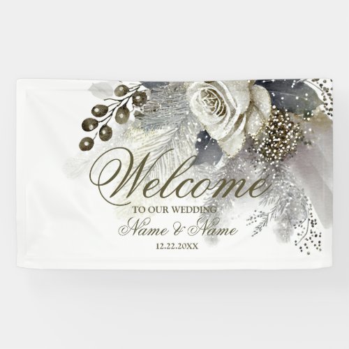 Welcome Wedding Party Silver Golden White Roses Banner