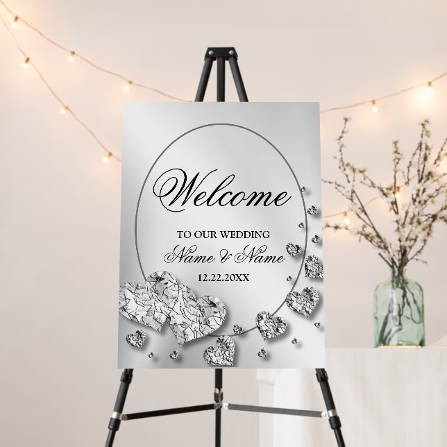Welcome Wedding Party Silver Gray Hearts Elegant Foam Board (In Situ (Stand))