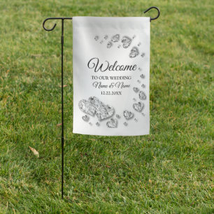 Welcome Wedding Party Silver Hearts Elegant Garden Flag