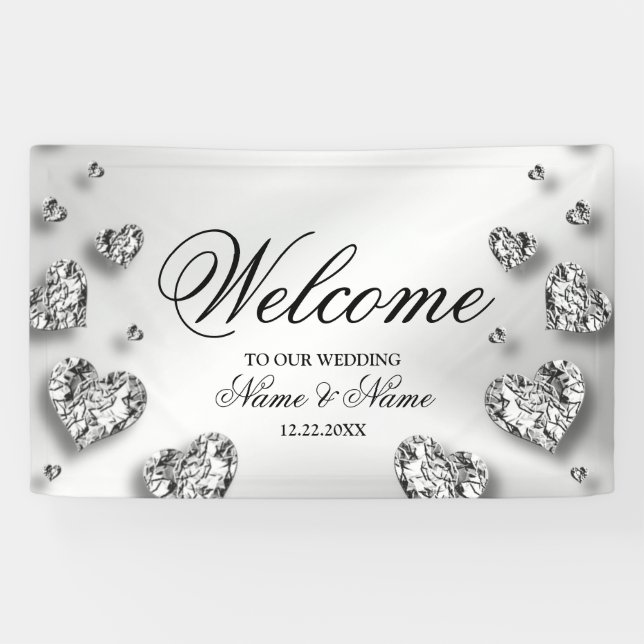 Welcome Wedding Party Silver Hearts Gray Elegant Banner (Horizontal)