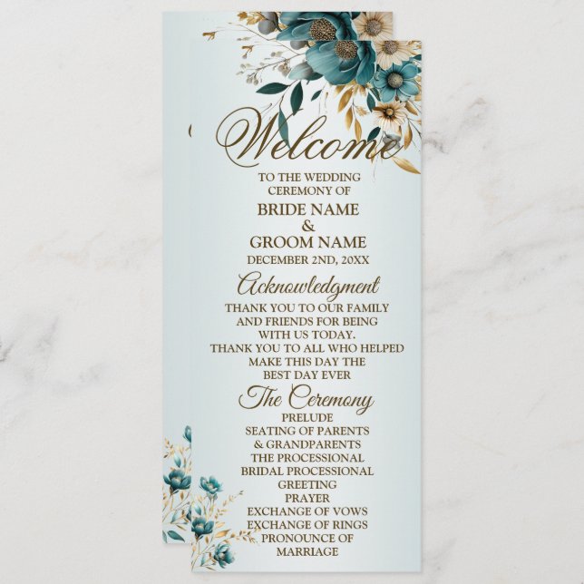 Welcome Wedding Party Turquoise Flower Gold Leaves Program (Front/Back)