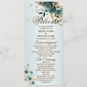 Welcome Wedding Party Turquoise Flower Gold Leaves Program