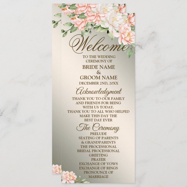 Welcome Wedding Party Watercolor Peach Flowers Program (Front/Back)