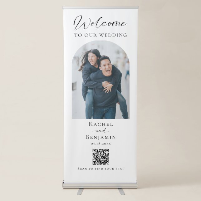 Welcome Wedding Photo Script Modern QR Code Retractable Banner (Front)