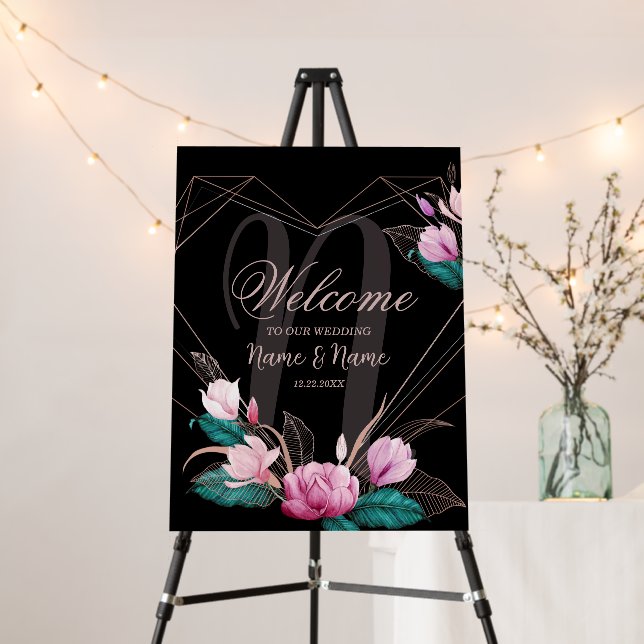 Welcome Wedding Pink Floral Geometric Frame Black Foam Board (In Situ (Stand))
