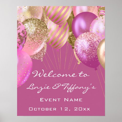 Welcome Wedding Poster  Pink Gold Ballons Berry