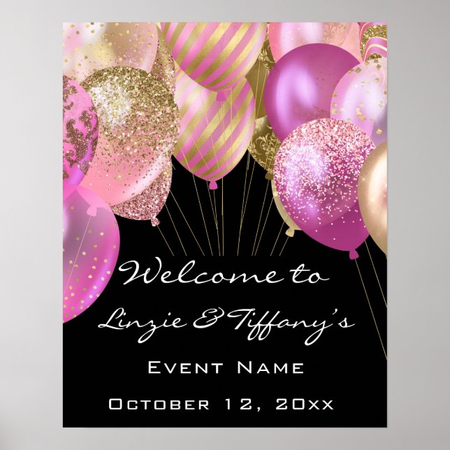 Welcome Wedding Poster  Pink Gold Ballons vip (Front)