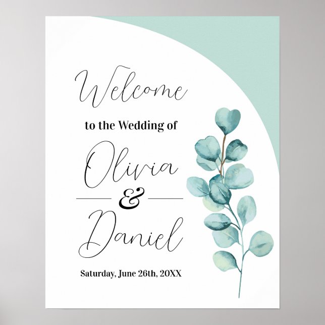 Welcome Wedding Poster Sign Eucalyptus Leaves Mint (Front)