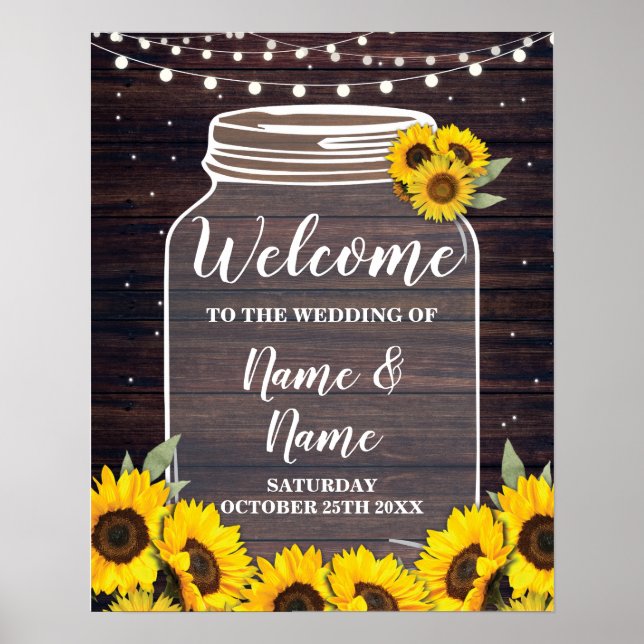 Welcome Wedding Poster Sunflower Poster Wood Jar (Front)