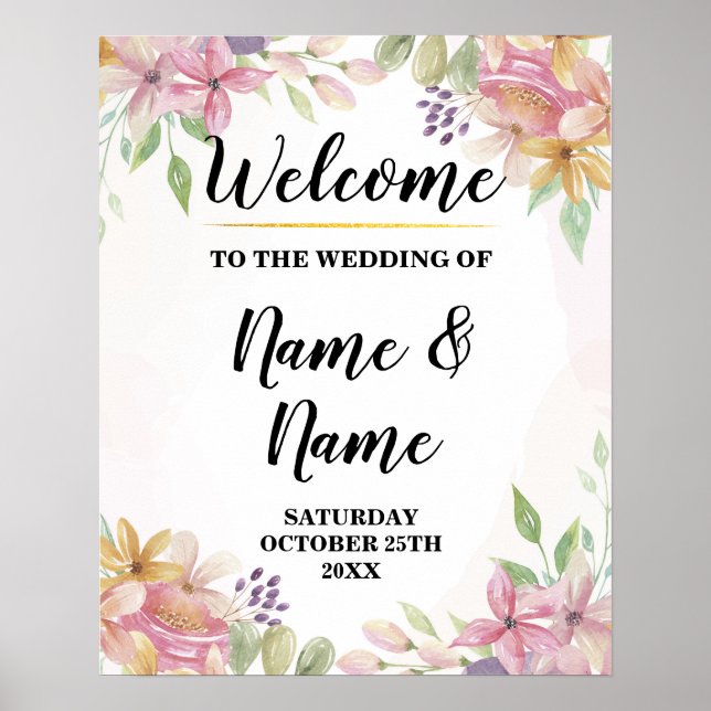 Welcome Wedding Poster Watercolor Floral Poster (Front)