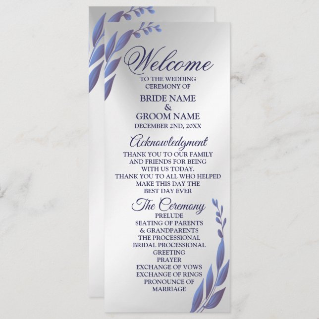 Welcome Wedding Purple Blue Floral Silver Modern Program (Front/Back)
