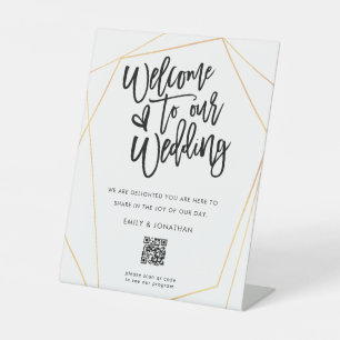 Welcome Wedding QR Code Script Gold Geometric Pedestal Sign