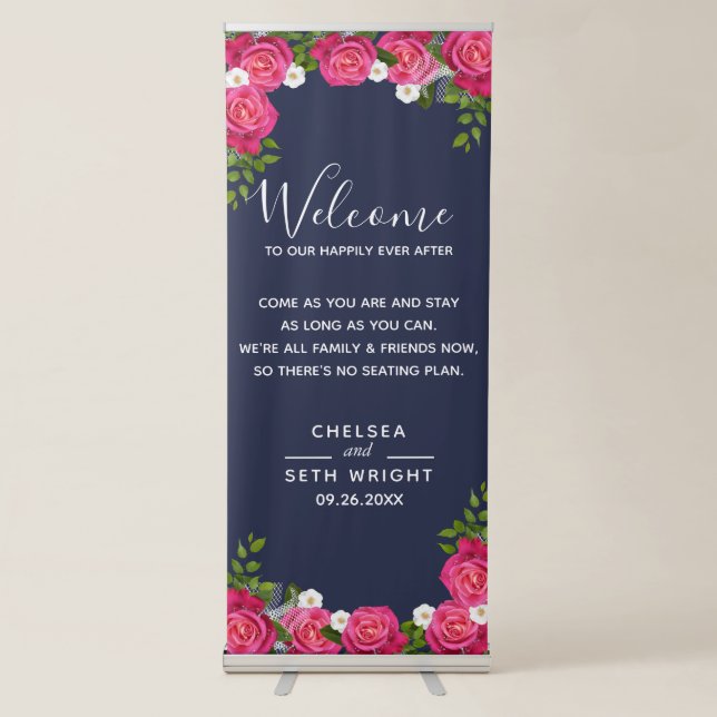 Welcome Wedding Seating - Midnight Blue and Pink Retractable Banner (Front)