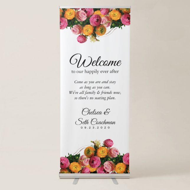 Welcome Wedding Seating - Pink and Yellow Floral Retractable Banner (Front)