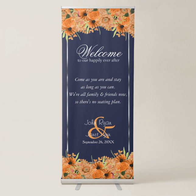 Welcome Wedding Seating - Pretty Orange Flowers Retractable Banner (Front)