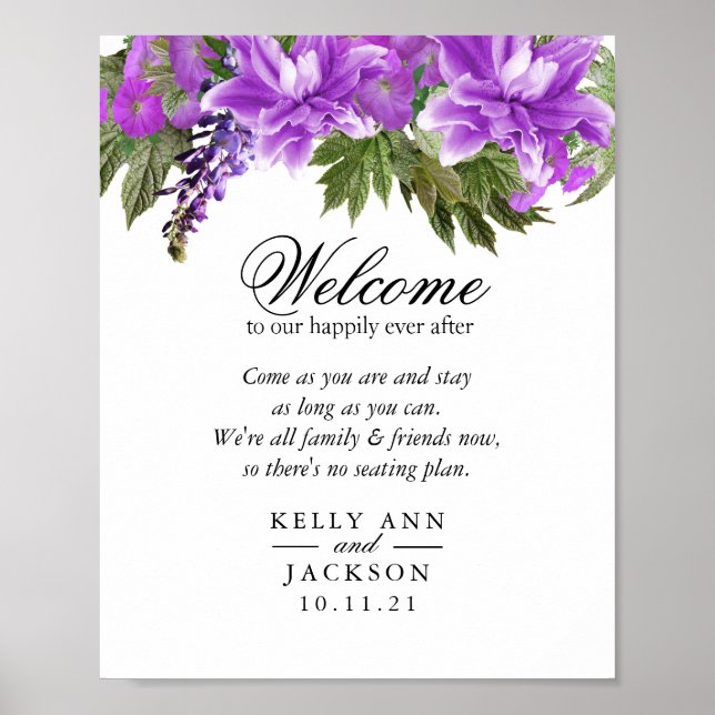 Welcome Wedding Seating - Pretty Purple Flowers Poster (Front)