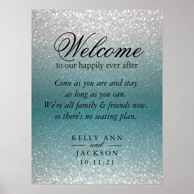 Welcome Wedding Seating - Teal and Silver Glitter Poster (Front)