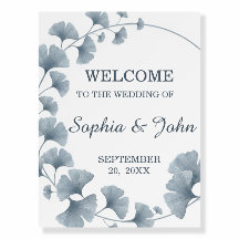 Welcome Wedding Sign Blue Ginkgo Botanical Flower