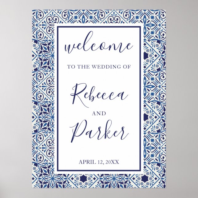 welcome Wedding sign blue tiles (Front)