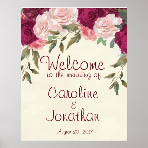 Welcome wedding sign burgundy pink floral