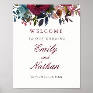 Welcome Wedding Sign Burgundy Watercolor Floral