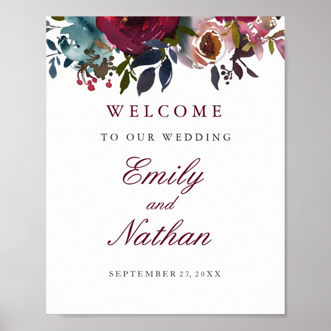Welcome Wedding Sign Burgundy Watercolor Floral (Front)