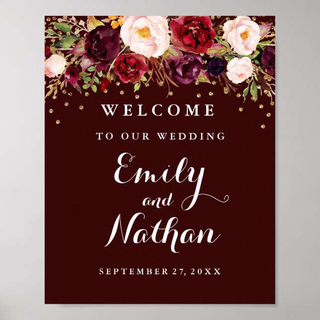 Welcome Wedding Sign Gold Confetti Burgundy Floral (Front)