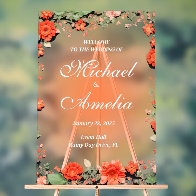 Welcome Wedding Sign Italian Sunset orange floral  (Neutral)