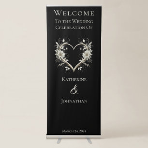 Welcome Wedding Sign-Modern Flowers with a Heart Retractable Banner